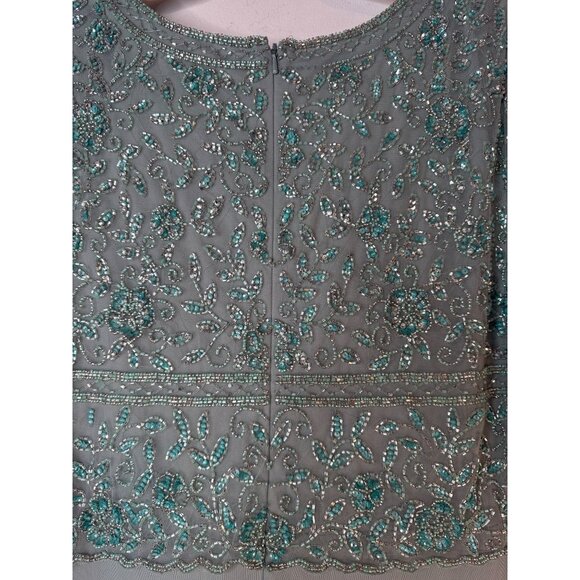 Pisarro Nights Size 10 Aqua Green Beaded Short Sleeve Evening Dress - Picture 5 of 16